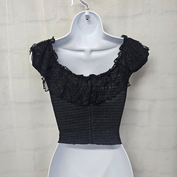 Vintage Andy Blanco Blouse Black Y2K Lace Whimsigoth Coquette Smocked S - Picture 4 of 9